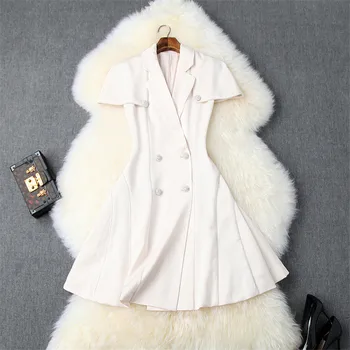 

Elegant Lady Autumn Dress 2019 Runway Designers Women Notched Collar Crystal Buttons Cloak Sleeve Aline Party Dresses Female