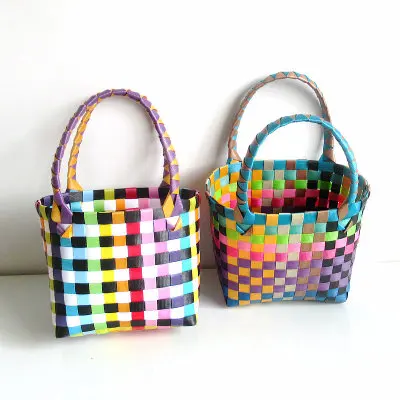 NEW Women Durable Weave Beach Bag Woven Bucket Bag Casual Tote Handbags Bags Popular Receive straw plastic braided basket
