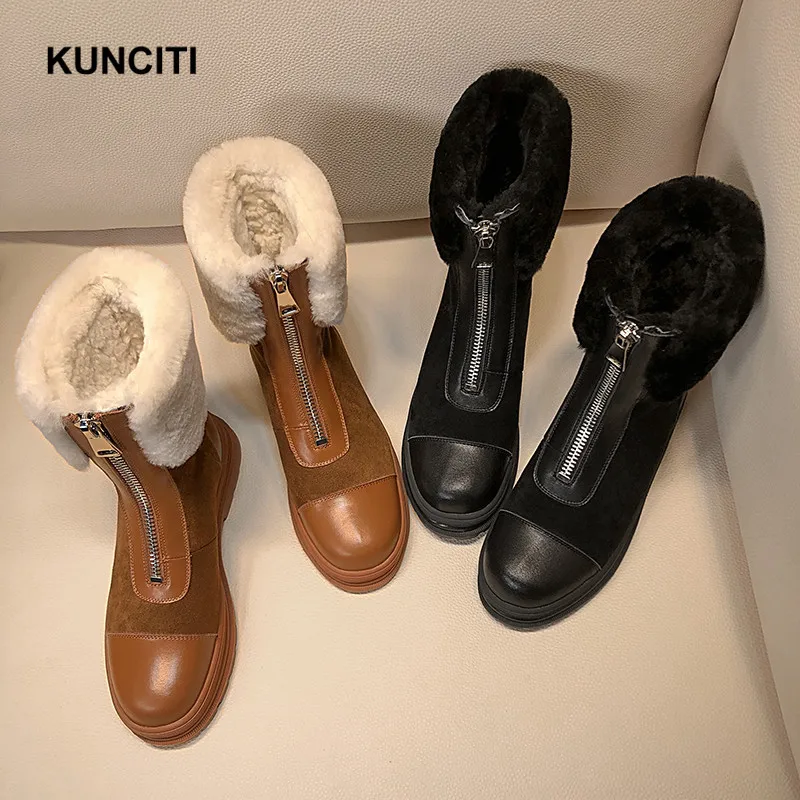 Г., KUNCITI/Лоскутные зимние ботинки с круглым носком, украшенные кроличьим мехом, с защитой от холода женские Теплые ботильоны на молнии Новинка, D9249