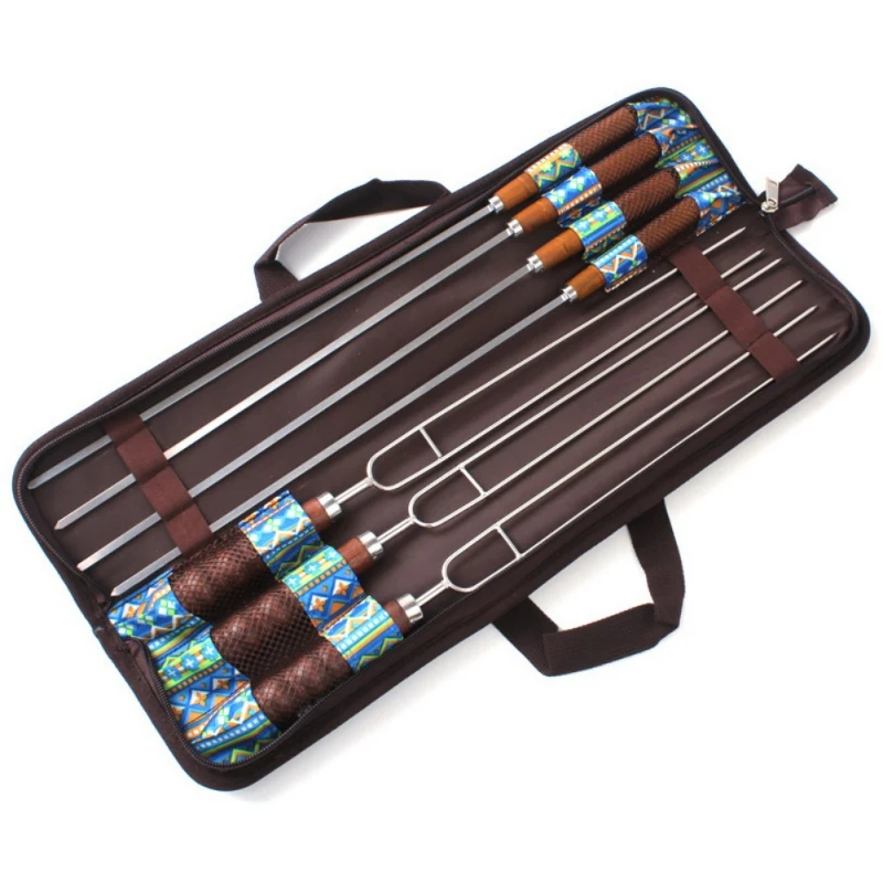 

7 Piece /Set Outdoor BBQ Roasting Pin Barbecue Fork U Shape Wooden Handle Picnic Skewers Roasting Sticks BBQ Tools Set New