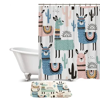 

Cute Cartoon Alpaca Pattern Polyester Waterproof Shower Curtains With Rectangle Non-slip Floor Mat Bathroom Curtain Set