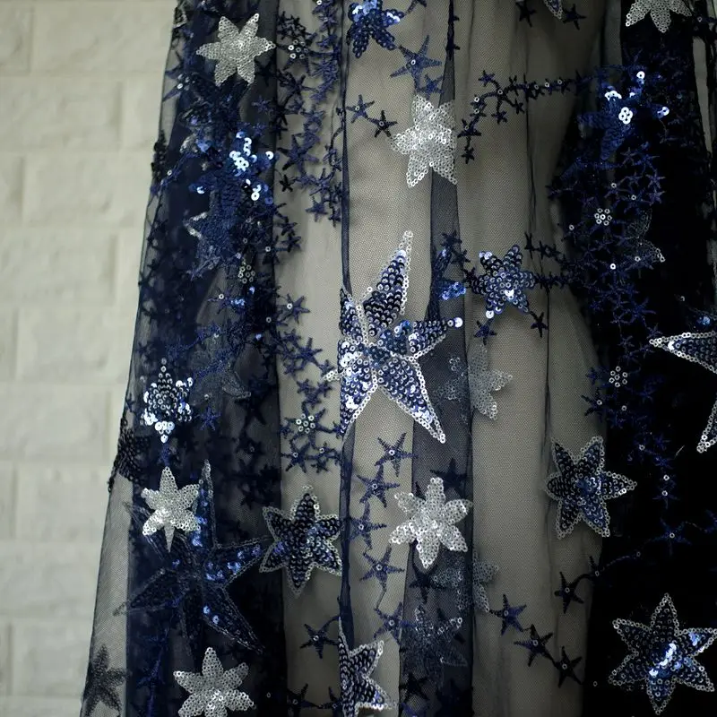 Кружевная ткань с блестками и пятиконечной звездой вышивкой сетчатая из пряжи