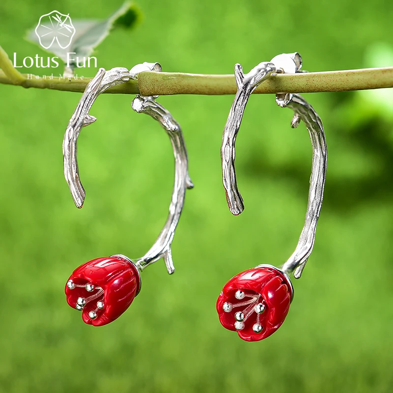 

Lotus Fun Real 925 Sterling Silver Red Coral Handmade Designer Fine Jewelry Lily of the Valley Flower Drop Earrings for Women