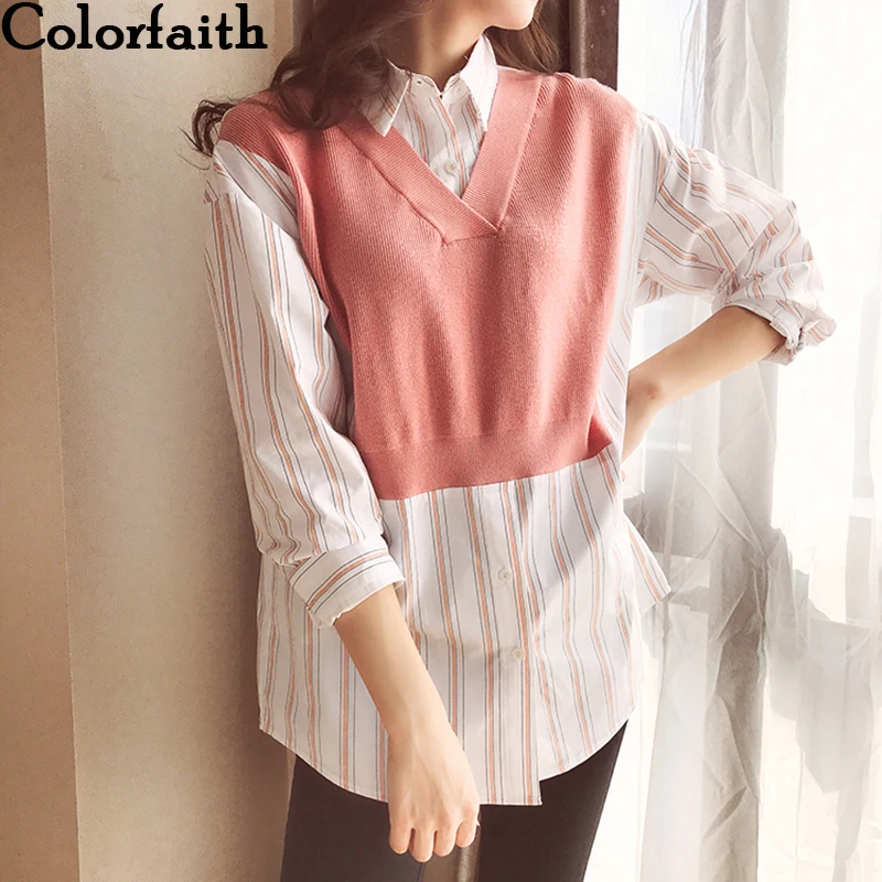 Colorfaith женские блузки рубашки 2019 осенние вязаные Лоскутные Полосатые свободные