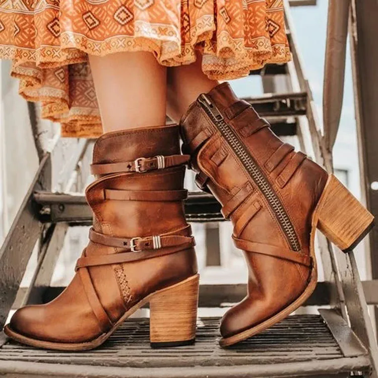 

ankle boots for women Round toe motorcycle boots mid heels shoes vintage pu leather big size boots woman botas mujer B27