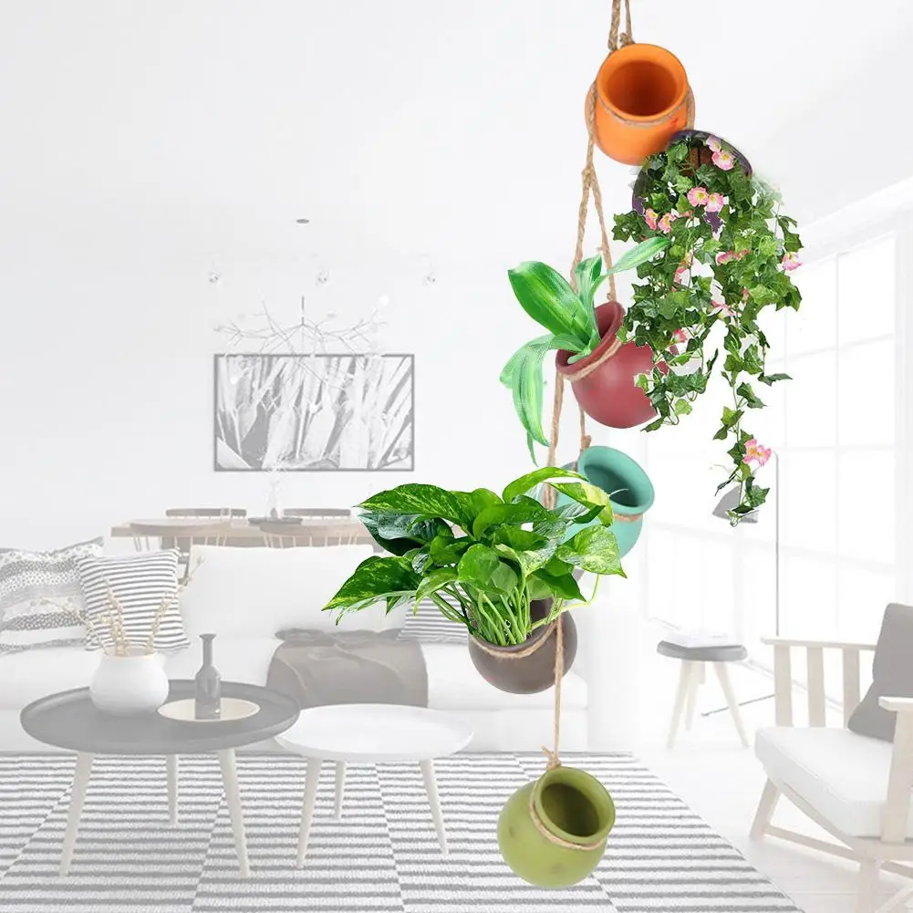 6PCS Mini Color Flowerpot Rope String Cylinder Succulent Ceramic Hanging Bowl Basket Wall Hanging Lazy Flower Pot
