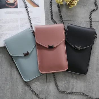 

Cat ear decoration transparent touch screen retro minimalist mobile phone bag 2019 new women's metal chain pouch