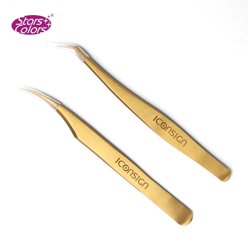 2 pieces/set High Quality Stainless Steel Eyelash Extension Tweezers Tigthness Gold Anti-static Curved/Bent Makeup | Красота и