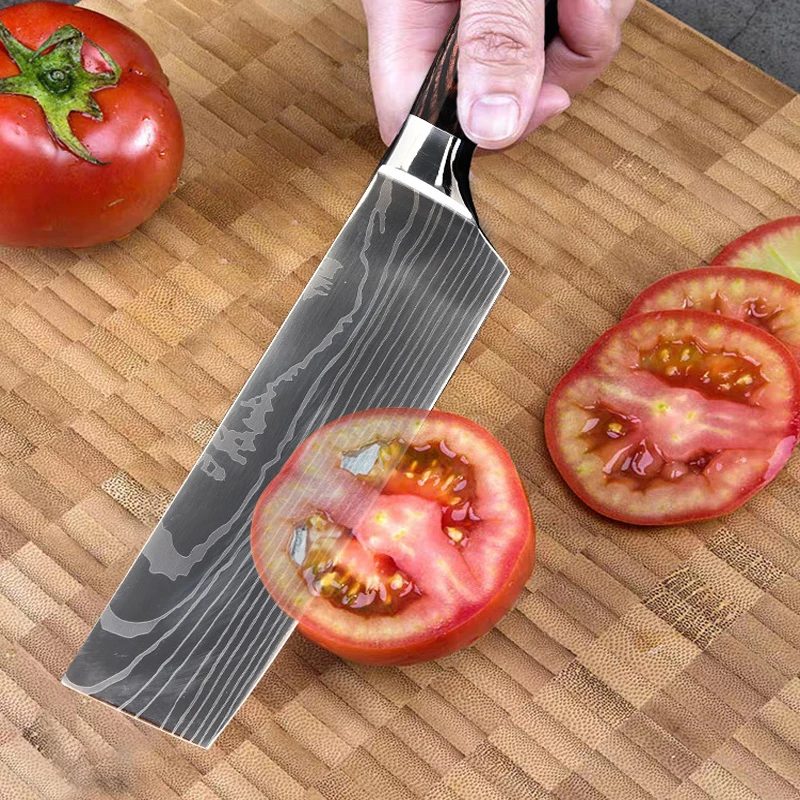 Острые 8 дюймов ножи шеф-повара имитация дамасской стали Santoku кухонные ножи+ деревянной ручкой фрукты овощи мясо кухонные ножи