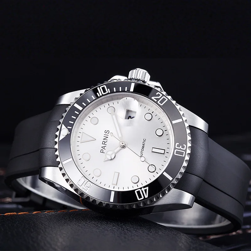

Parnis Mens Automatic Mechanical Watch 40mm Ceramic Miyota 8215 Movement 10bar Waterproof Rubber strap Luminous watches 22