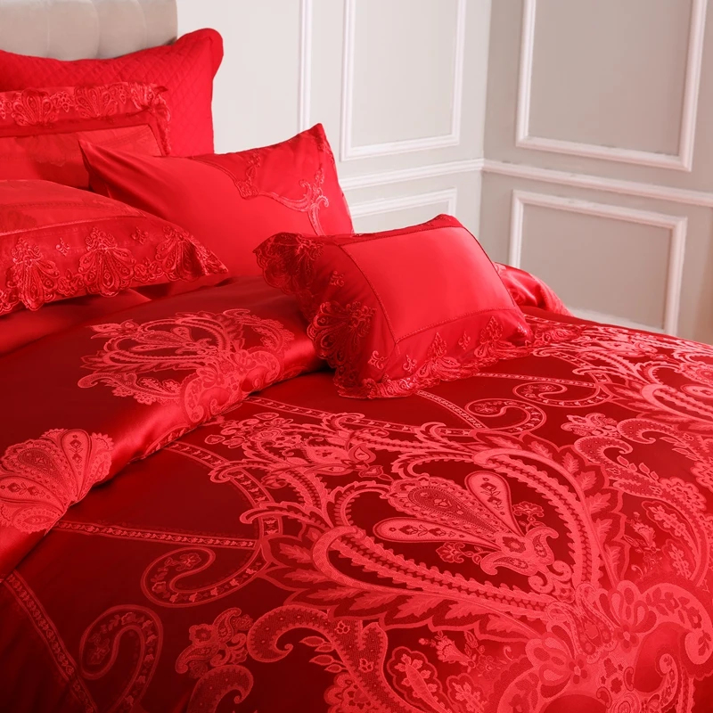2019 красный жаккард свадьбные постельные комплекты 4/10 шт. queen king size постельное белье кружевное роскошное постельное белье покрывало