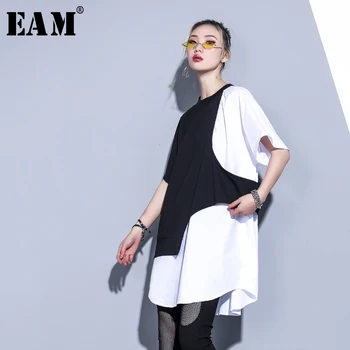 

[EAM] Women White Contrast Color Split Big Size T-shirt New Round Neck Half Sleeve Fashion Tide Spring Summer 2020 1S883