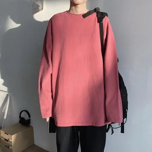 pink Мужские футболки с длинным рукавом, большие размеры, круглый вырез, повседневная однотонная длинная футболка, Мужская Весенняя Осенняя свободная футболка, мужские топы, футболки 11 цветов - Цвет: pink