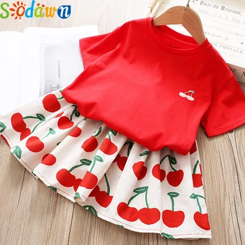 

Sodawn Summer New Children Clothing Sets Korean Cherry Embroidered T-shirt+Princess Sweet Pleated Skirts 2PCS Suit