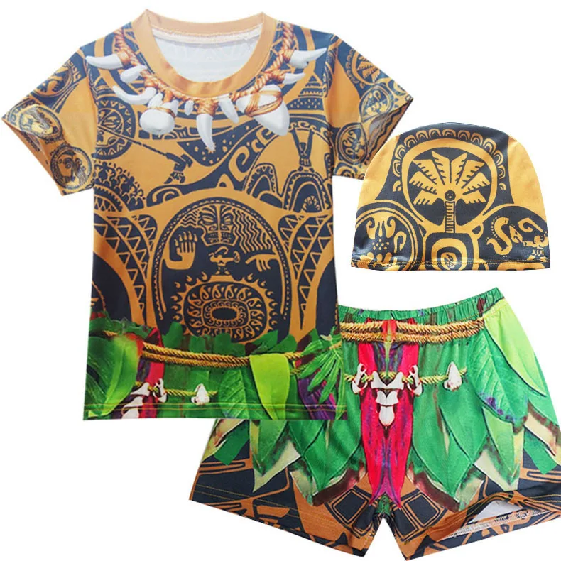 Child Ocean Boy Kids Swimming Suit Short Sleeve Moana Cosplay Maui Shirt Shorts Pants Bathing Cap Costume Swimwear