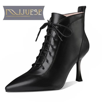 

MLJUESE 2021 women soft ankle boots cow leather zippers boots winter short plush pointed toe high heels women boots