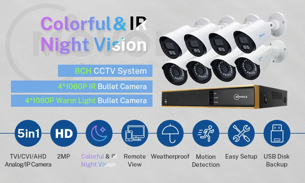 Best Movols Video Surveillance Camera Kit 2MP CCTV AHD Colorful&IR Night Vision Outdoor Waterproof 8CH DVR Security Camera System 1