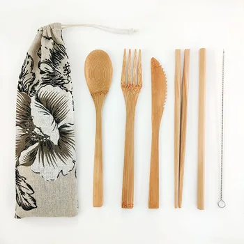 

6pcs Reusable Bamboo Wood Cutlery Set Bamboo Flatware Eco-Friendly Travel Cutlery Set Wooden Cutlery Natural Cotton Tableware