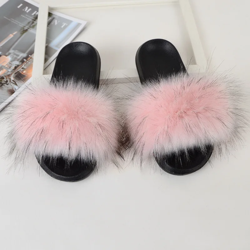 Kids Fur Slippers Girl Fluffy Faux Raccoon Fur Slides Furry Home Floor Flip Flops Children Summer Shoes Girls Fur Sandals CSH953 children's sandals near me Children's Shoes