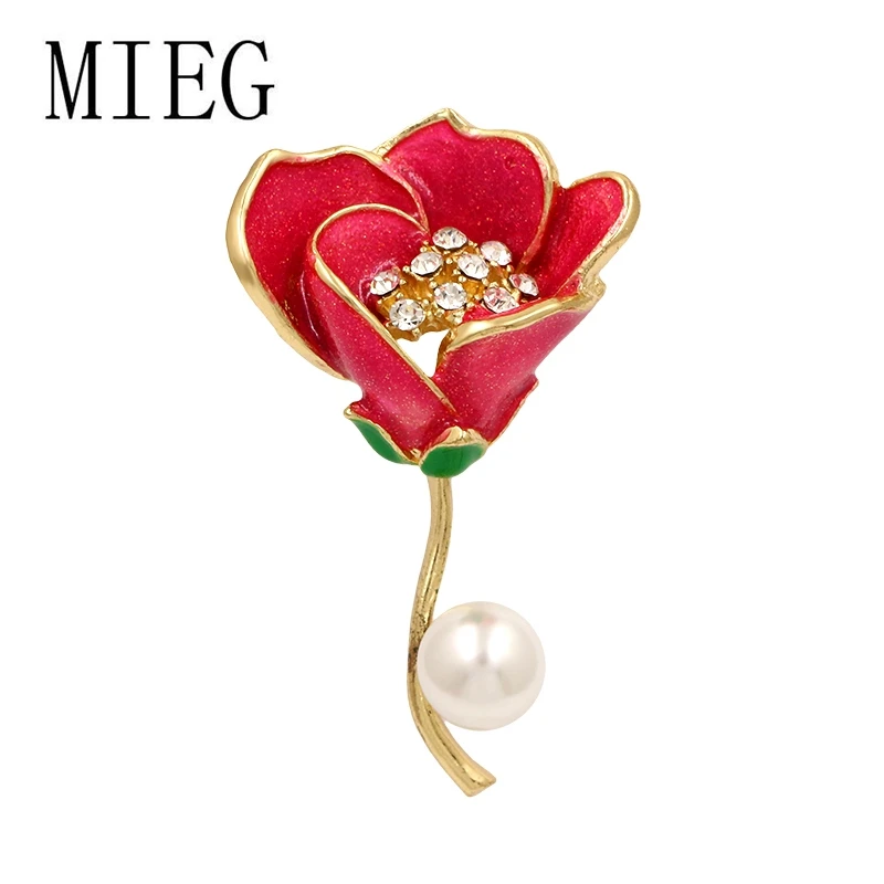 

MIEG Brand Imitation Pearl and Red Enamel Lotus Flower Brooch Pins