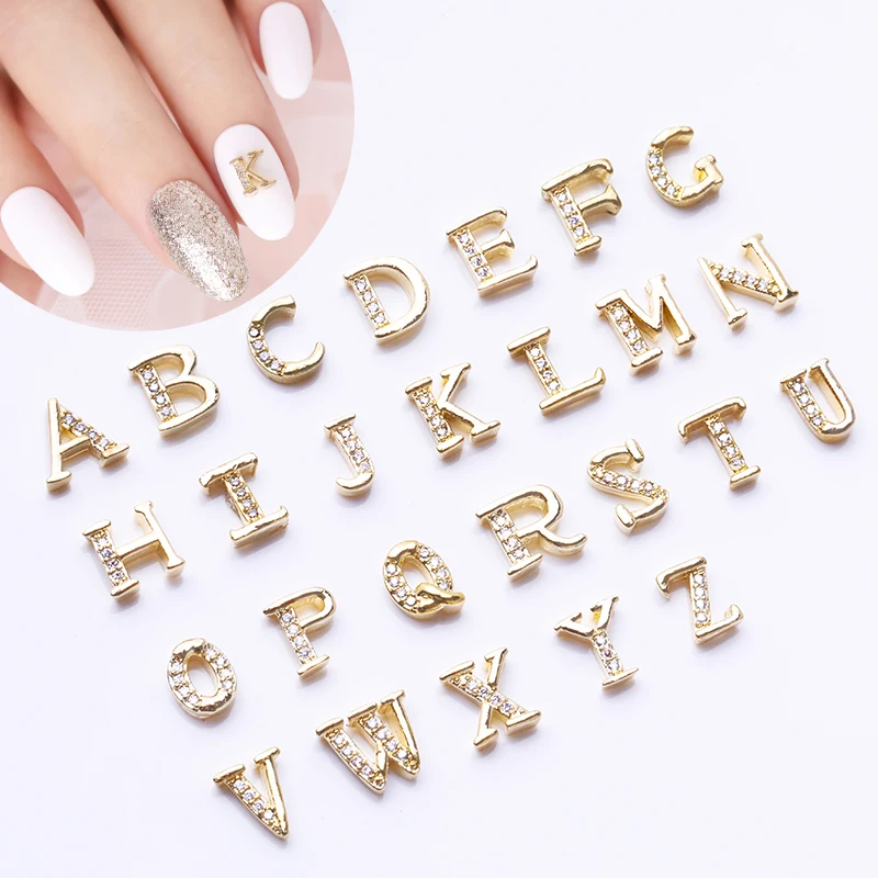 

1Pc 3D English Letter Nail Decor DIY Golden Metal Capital Letters Flat Back Design Nail Art Decoration Tool Accessories