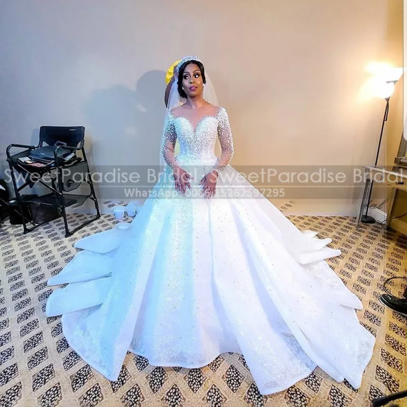 Luxury Pearls Beads Wedding Dress With Long Sleeves Arabic Dubai Women