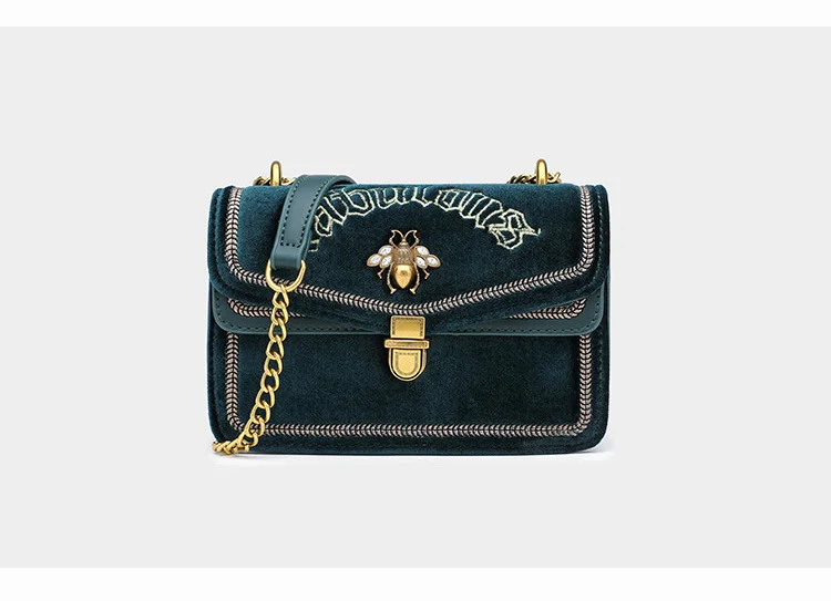 Black Blue Green Luxury Embroidered Velvet Handbag for Women Brand Gold Chain Shoulder Bags Female Small Bee Lock Cross body Bag (22)