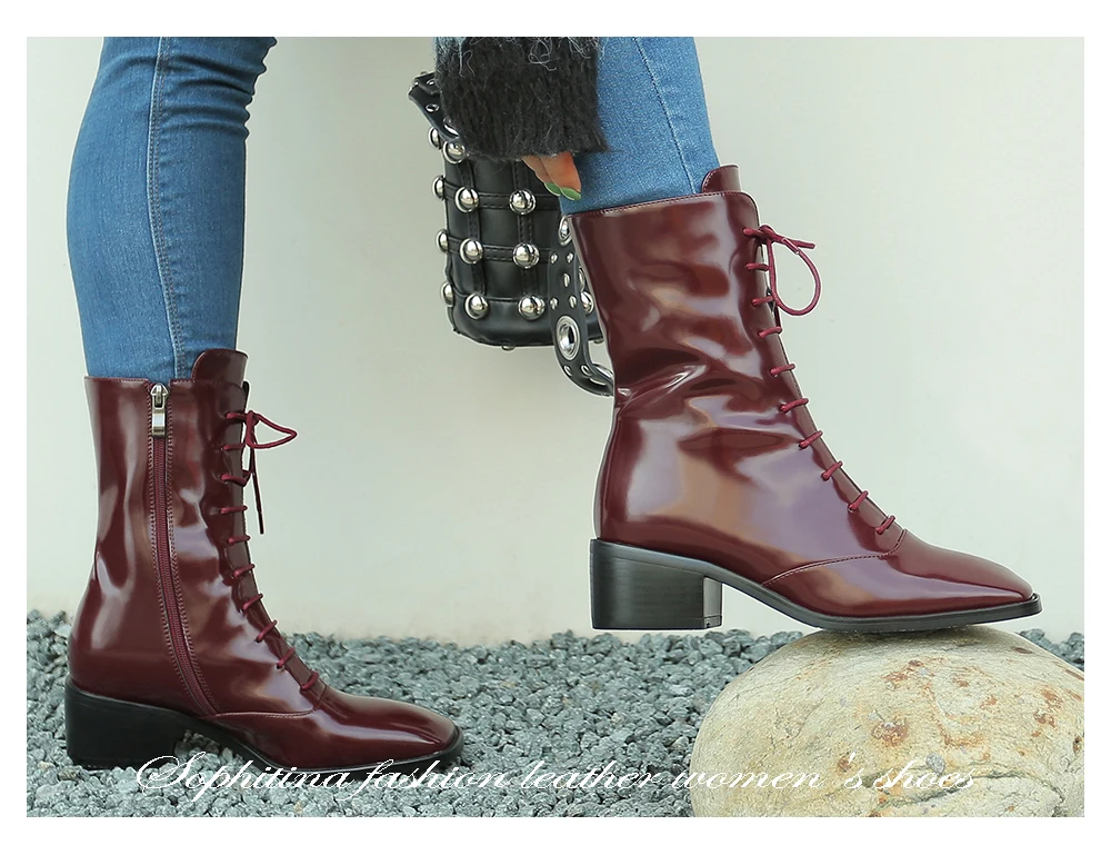 SOPHITINA/удобные ботинки с квадратным носком; модная женская обувь из высококачественной лакированной кожи на квадратном каблуке; ботинки на шнуровке; SO254