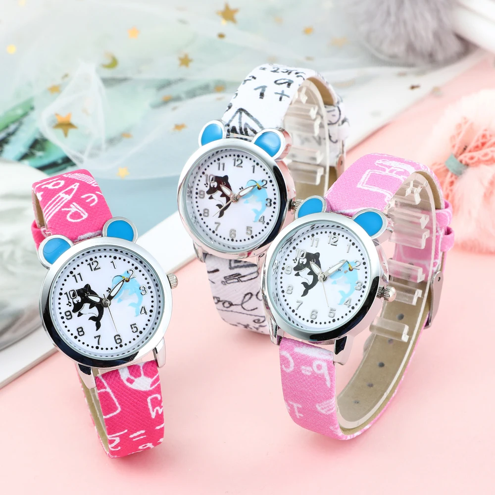 Новые детские милые часы с дельфином героями мультфильмов брендовые кожаным