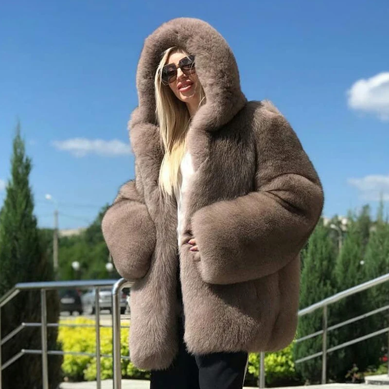 Зимнее модное пальто с капюшоном из лисьего меха для женщин, Толстая теплая куртка из голубого меха лисы, пальто из натурального меха