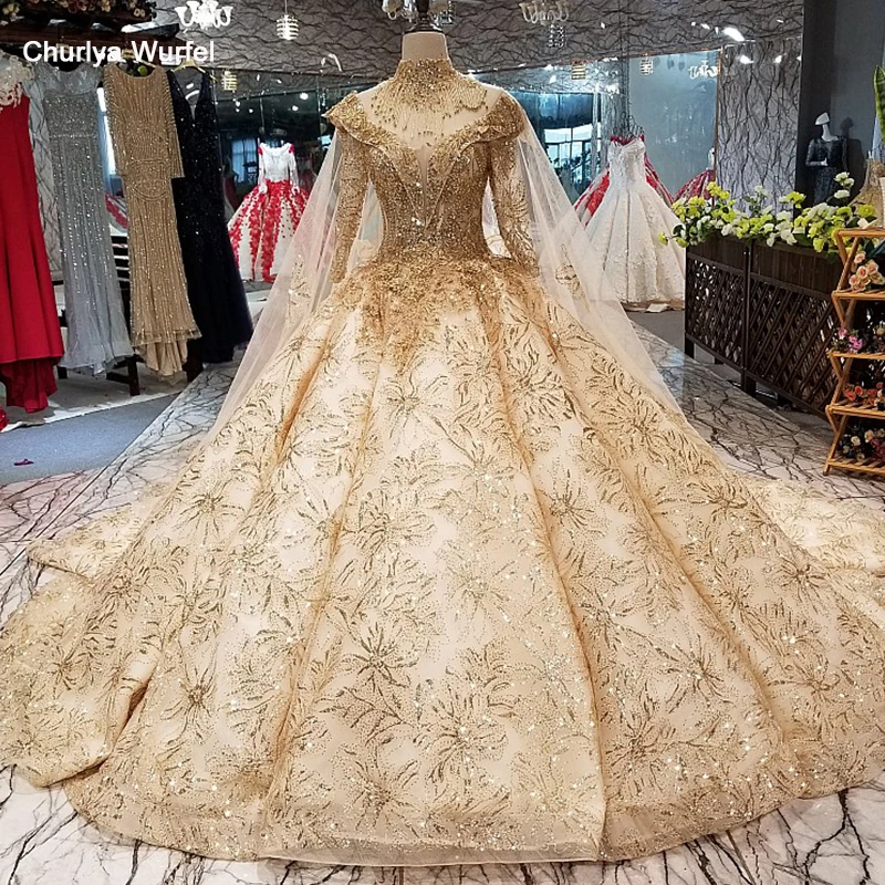 LS65454 платье люксРоскошный Королевский Дубай торжественное платье с высокой горловиной Длинные рукава платье невесты с золотой кружевные украшения и длинный мыс реальная цена
