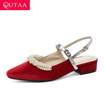 

QUTAA 2020 Flock String Bead Buckle Women Pumps Summer Pointed Toe Sandals Square Low Heel Back Strap Ladies Shoes Size 34-43
