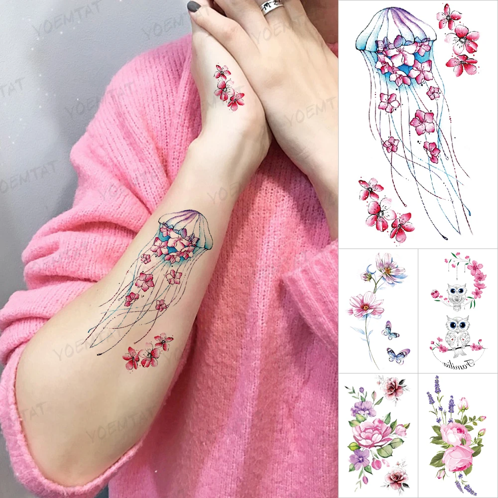 Tatouage Fleur De Cerisier Aquarelle Tatouage Temporaire À L'aquarelle Pour Femme, Motif Méduse, Hibou,  Papillon, Fleur De Pêche, Rose, Pivoine, Lavande, Art Corporel - Temporaire  Tatouages - AliExpress