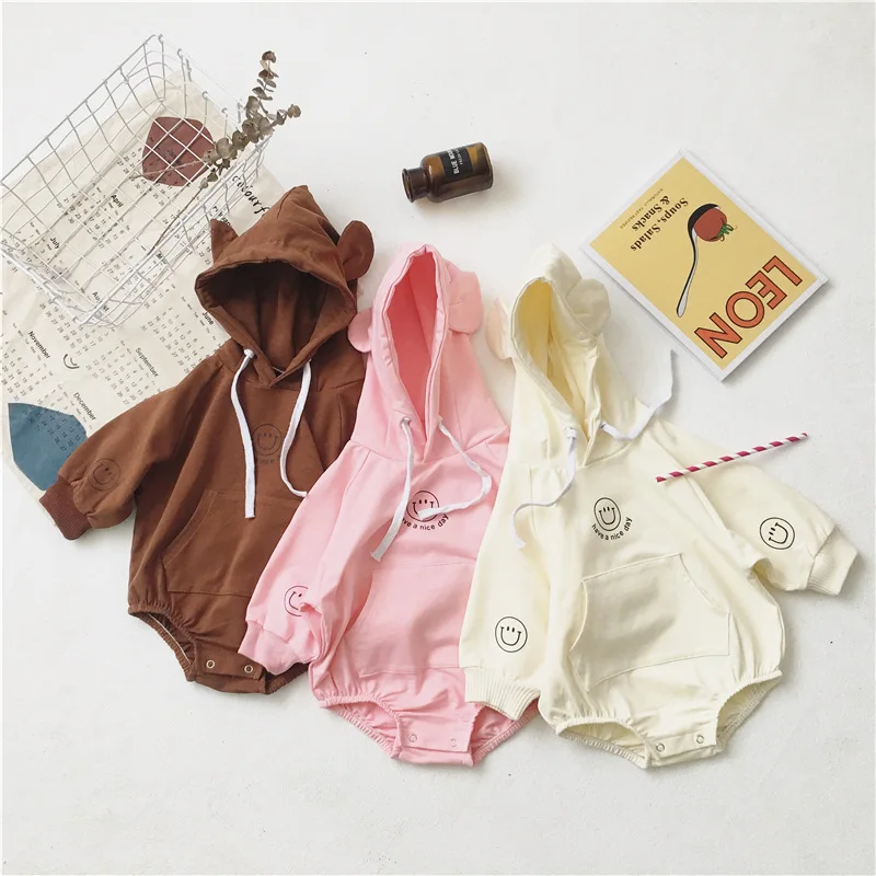 

Infants 2019 Autumn New Baby Cartoon Smiling Face Hooded Cotton Jumpsuits Toddler Newborn Long Sleeve Casual Climbing Suits