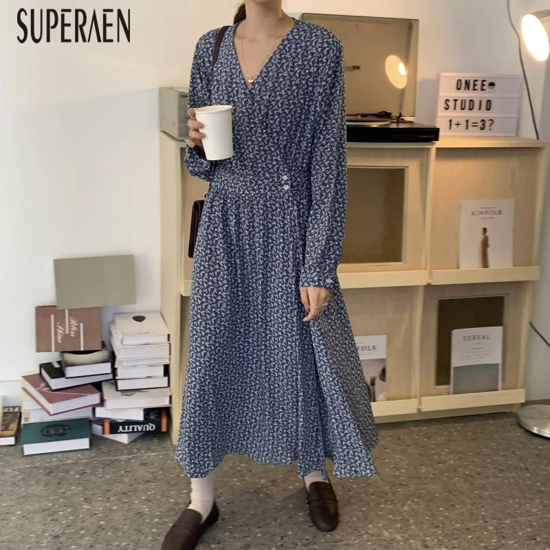 SuperAen, корейский стиль, хлопковое платье для женщин, новинка, v-образный вырез, весна и осень, модное женское платье с высокой талией, женская одежда
