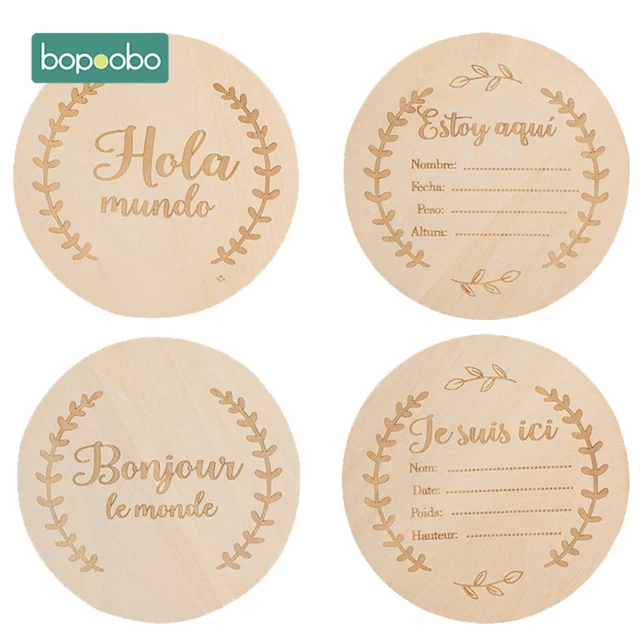 Bopoobo-tarjeta de hitos en madera para bebé, juguete de Hello World, hitos en español y francés, grabado, accesorios de fotografía para niños recién nacidos