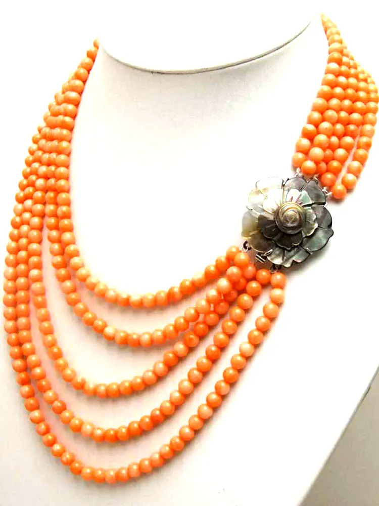 Qingmos 5-6mm Round Natural Pink Coral Neckalce for Women with Genuine Coral 5 Strands 18-23
