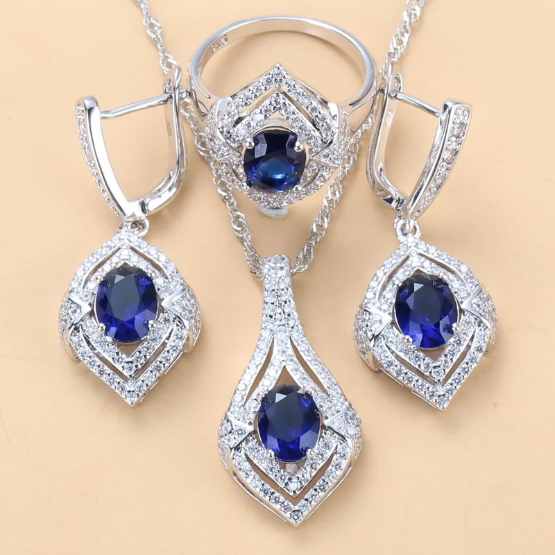 Bridal 925 Sterling Silver 3PCS Jewelry Sets With Natural Blue Stone CZ Earrings Necklace And Ring Sets For Women Costume - Окраска металла: 3PCS