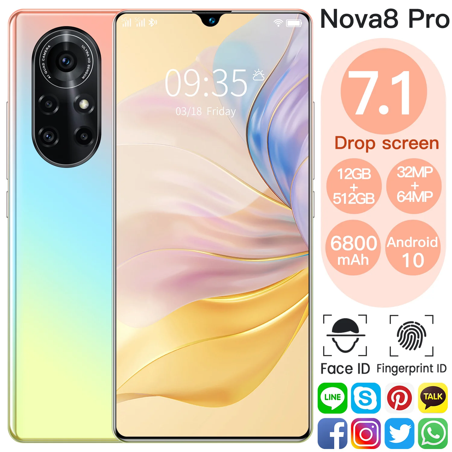 Global Version Nova8pro  7.1 Inch FHD+  512GB Smartphone Face ID 32+64MP Dual SIM+SD Cell Phone Android 10 Mobile Phone MTK6595