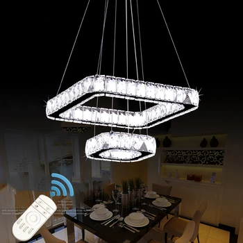 Ganeed-크리스탈 샹들리에 2 링 32W 밝기 조절 가능한 원격 LED 조명, 높이 조절 거실 저녁 식사 조명
