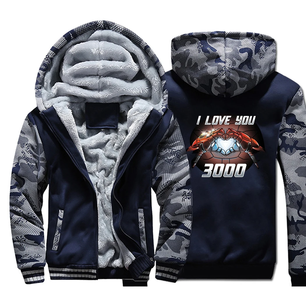 Tony Stark I Love You 3000, камуфляжные мужские толстовки с капюшоном, Железный человек, супергерой, зимняя толстовка, теплый флис, на молнии, уличная одежда, бодитеплее, пальто