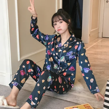 

2019 High quality Imitation silk autumn cardigan long sleeve pajamas set for women M-XXL High-grade Silk sliding home clothes