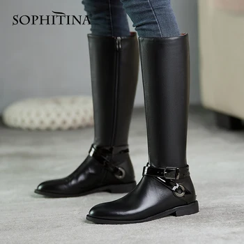 

SOPHITINA Winter White Knee-high Boots Woman Motorcycle Genuine Leather Roudn Toe Low Sqaure Wooden Heel Buckle Strap Shoe PO823