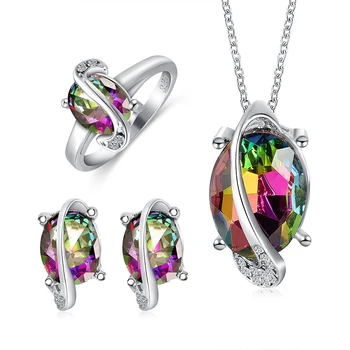 

Colorful Crystal Jewelry Sets Women Fashion Geometric Pendant Necklace Stud Earring Crystal Ring 3Pcs/Sets