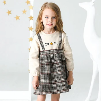 

KISBINI Cute Toddler Girls Clothing Set Autumn Long Sleeve Top Plaid Suspender Skirt Suit Kids Girls Warm Clothes Outwear