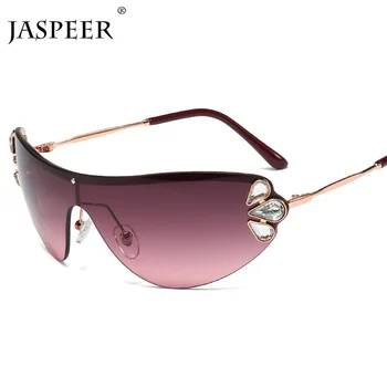 

JASPEER Luxury Diamond Cat Eye Sunglasses Women Rimless One Piece Men Eyewear Sun Glasses Fashion Metal Rhinestone Glasses UV400