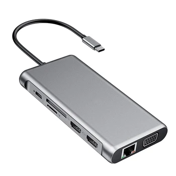 

12 in 1 Type-C HUB Video Audio Converter 4 USB3.0 USB-C 2 1080P HDMI VGA RJ45 3.5mm SD TF Reader Adapter for Laptop PC Universal