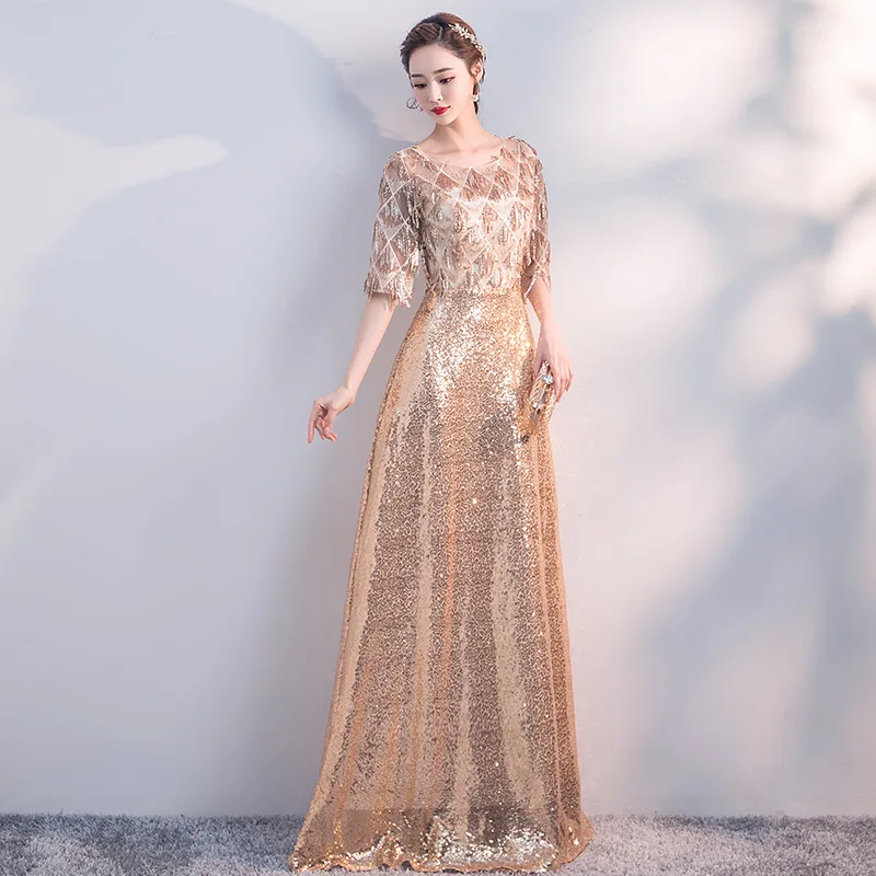 Fashion Women A-Line Slim Sequined Dress High Quality Robe De Soiree Banquet Gown Plus Size 3XL 4XL Stage Show Vestidos