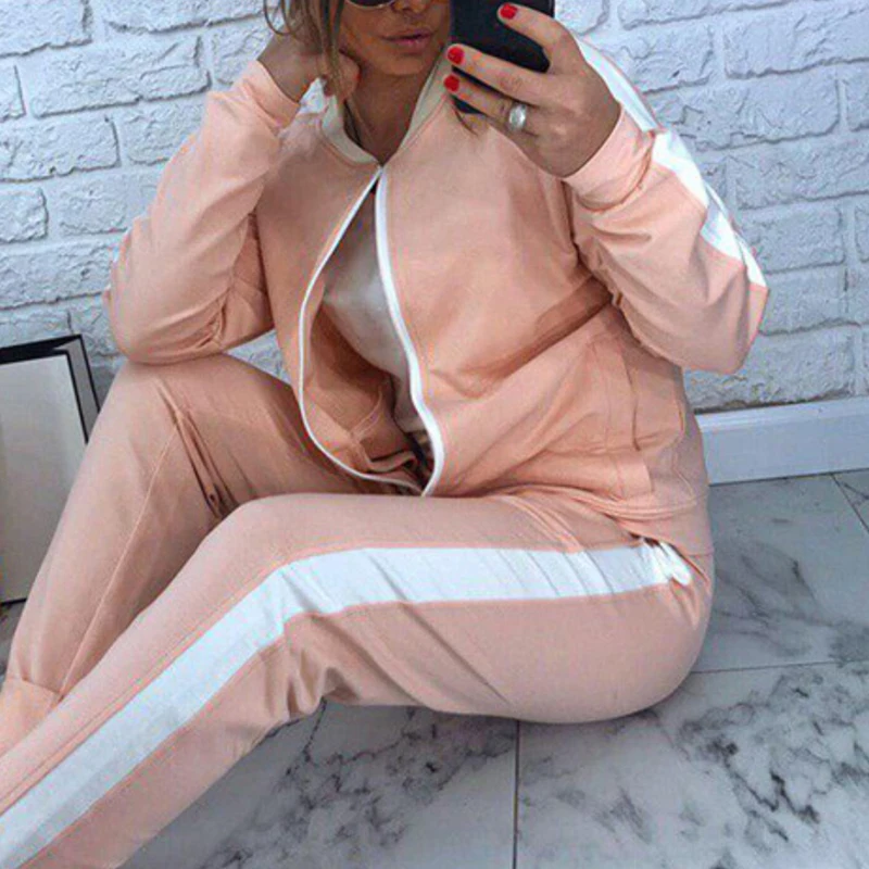 

OEAK 2019 New Fashion Sporty Women's Tracksuit Hooded Short Solid Splicing Long Pants Suits Two Piece Set Outfits