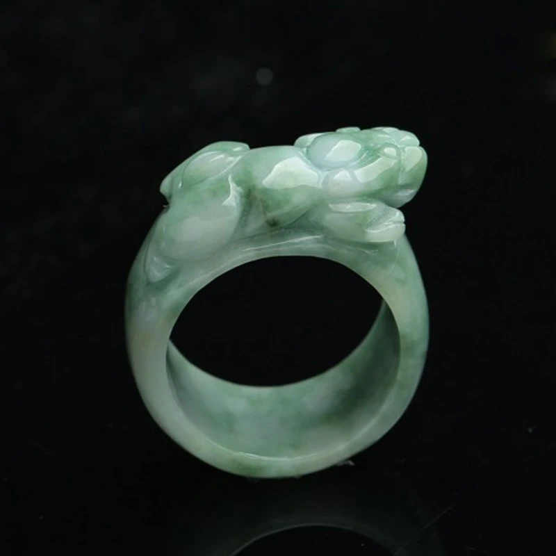 (Certificate) Drop Shipping Natural Light Green AAA Grade Jadeite Jade Ring Finger 3D Carved PIXIU Gift For Men's  Jewelry